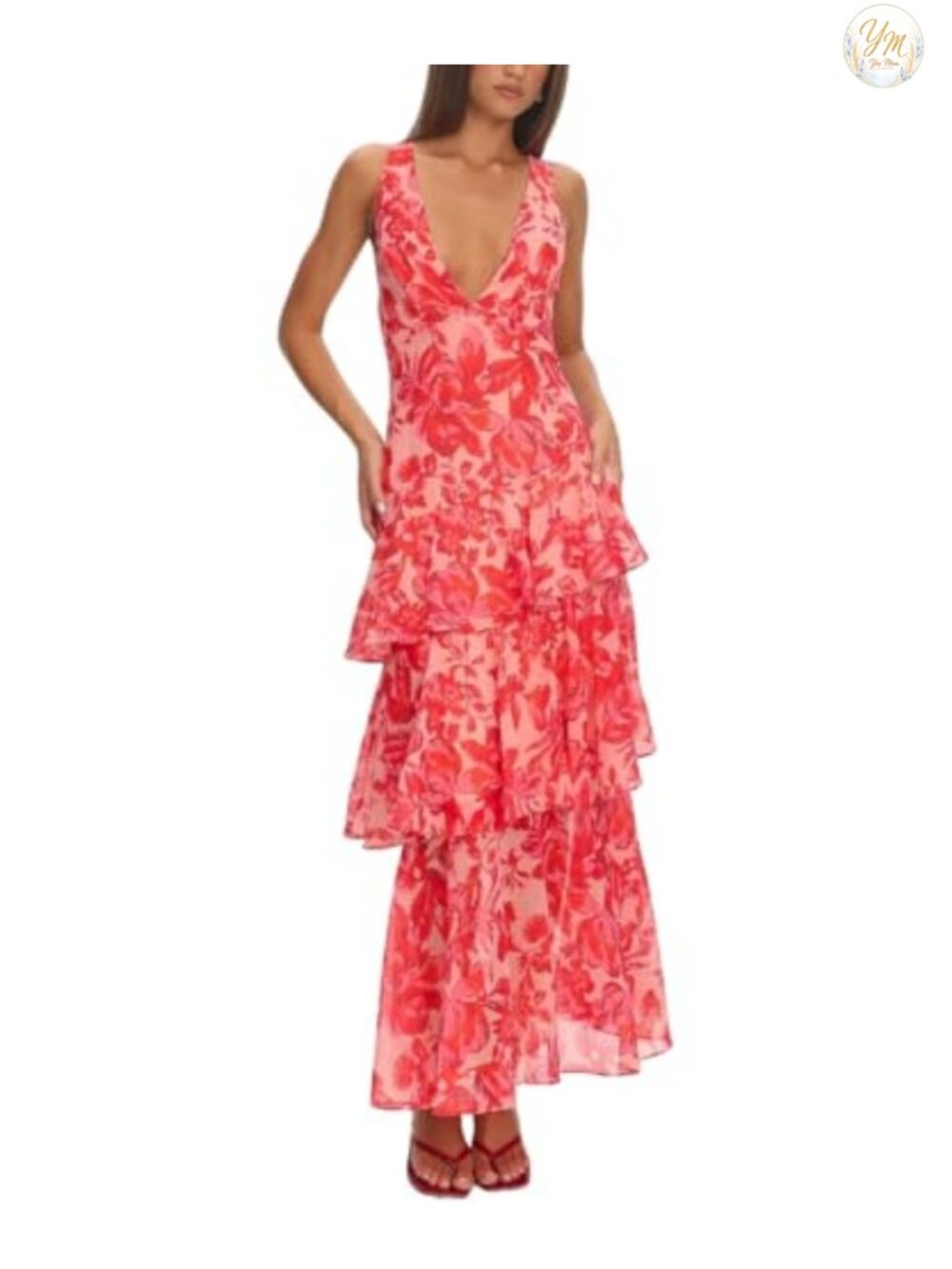 Women's Floral Chiffon Maxi Dress Deep V Neck Backless Sleeveless Formal